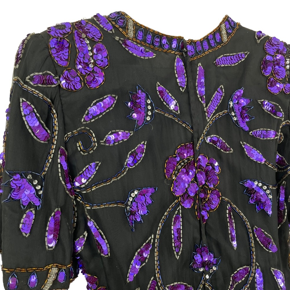 VINTAGE by Laurence Kazar NY Purple Sequined & Beaded Shirt Mega Shoulder Pads - Picture 3 of 10